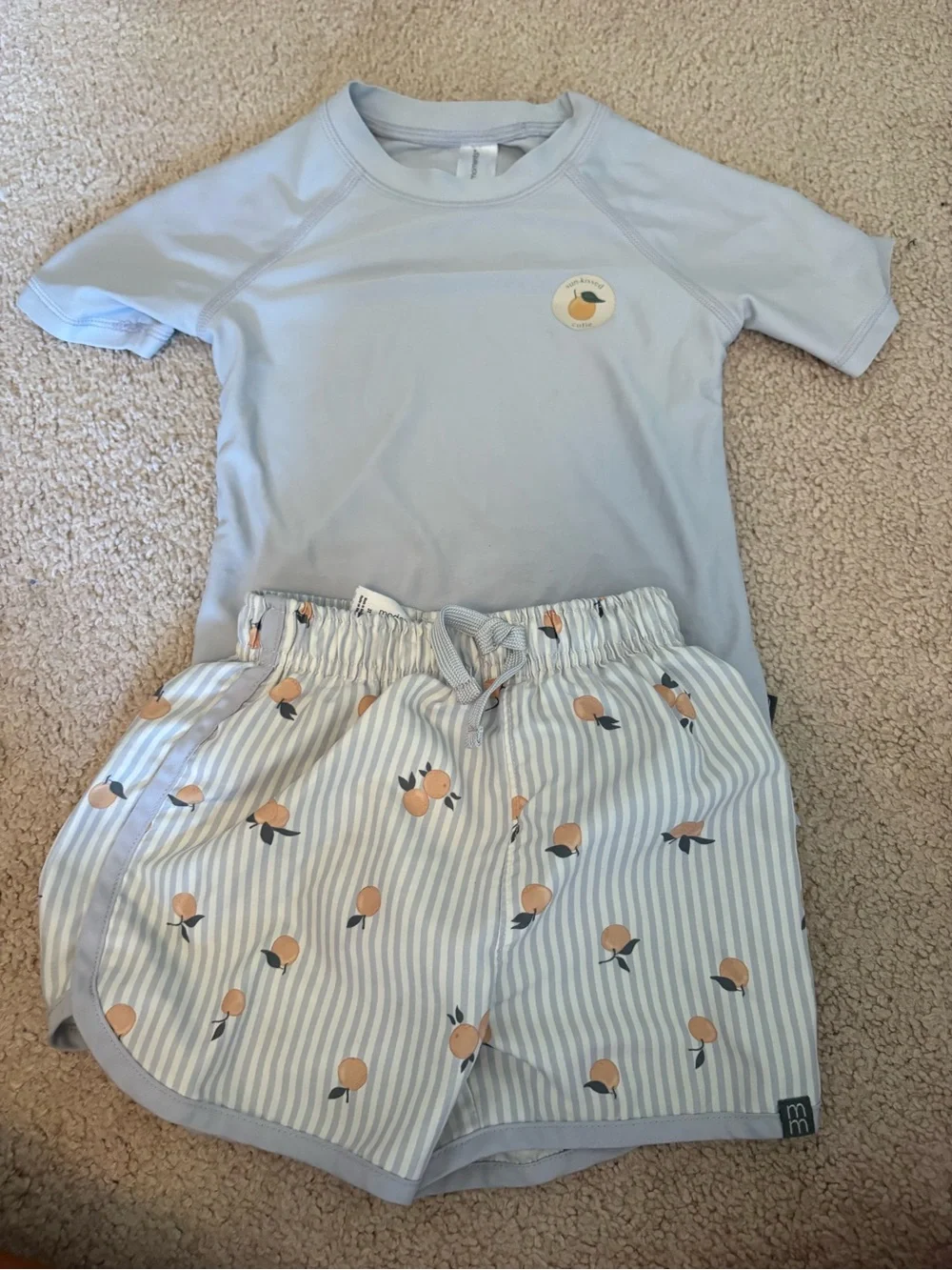 Kids Light Blue Rash Guard & Peach Print Swim Trunks Set